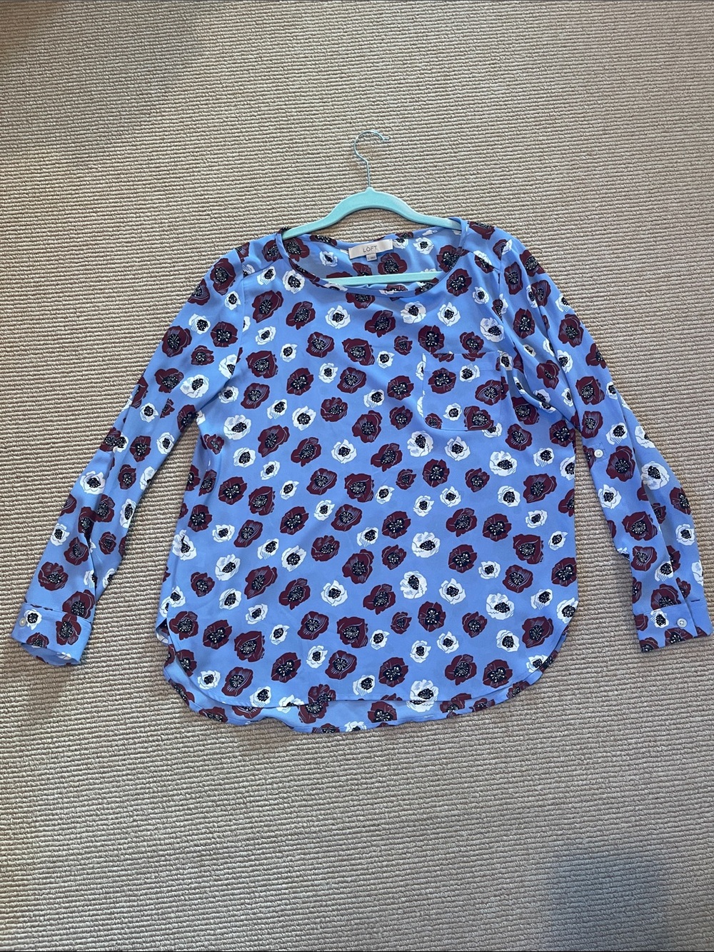LOFT Light Blue Floral Long-Sleeve Blouse with Burgundy & White Flowers